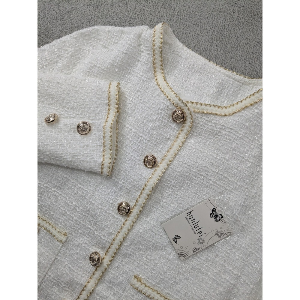 Hanlufei White Tweed Jacket Gold Trim Buttons Collarless Blazer Korea Size 3 NEW